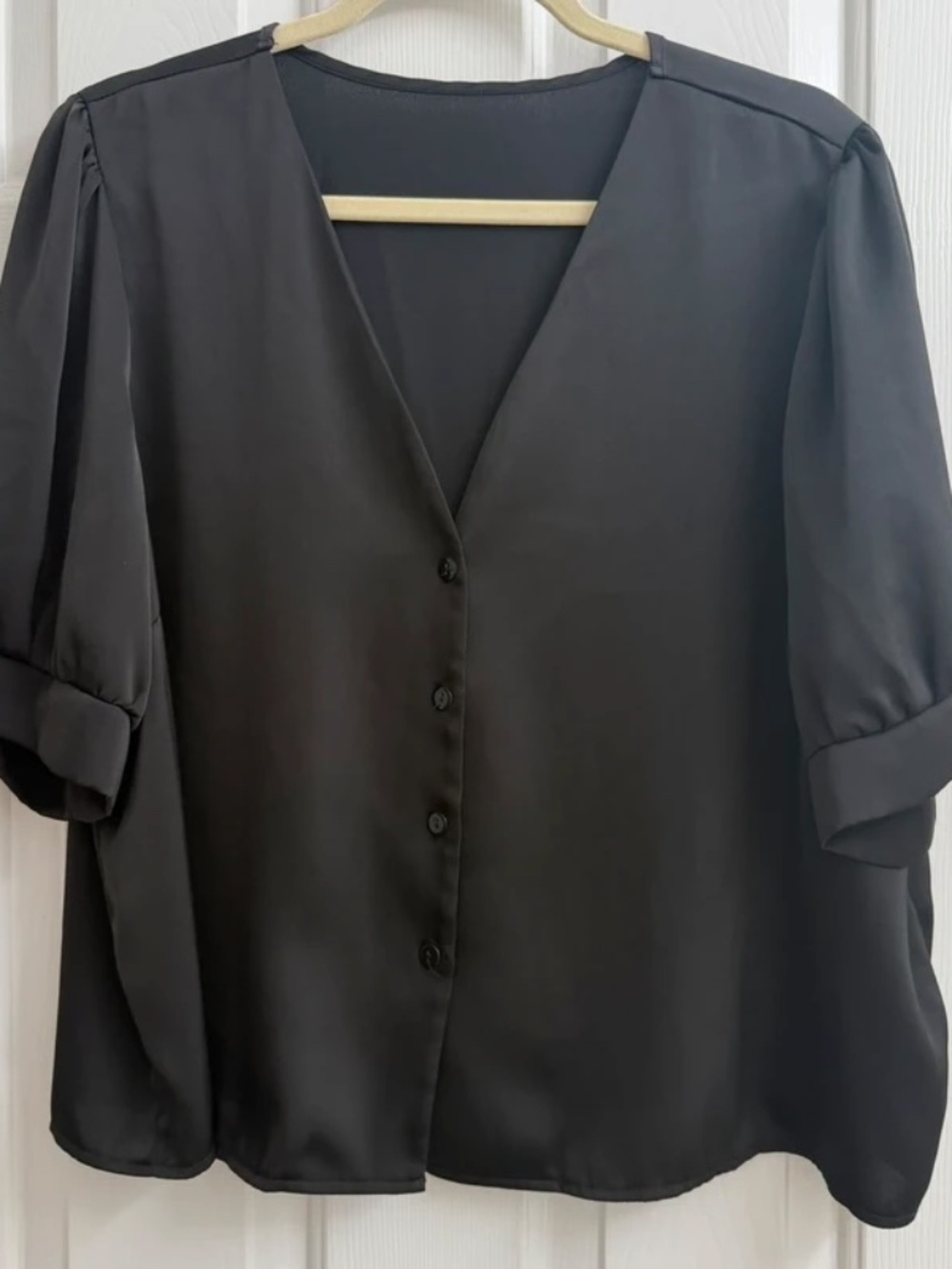 Black V-Neck Puff Sleeve Button Down Blouse